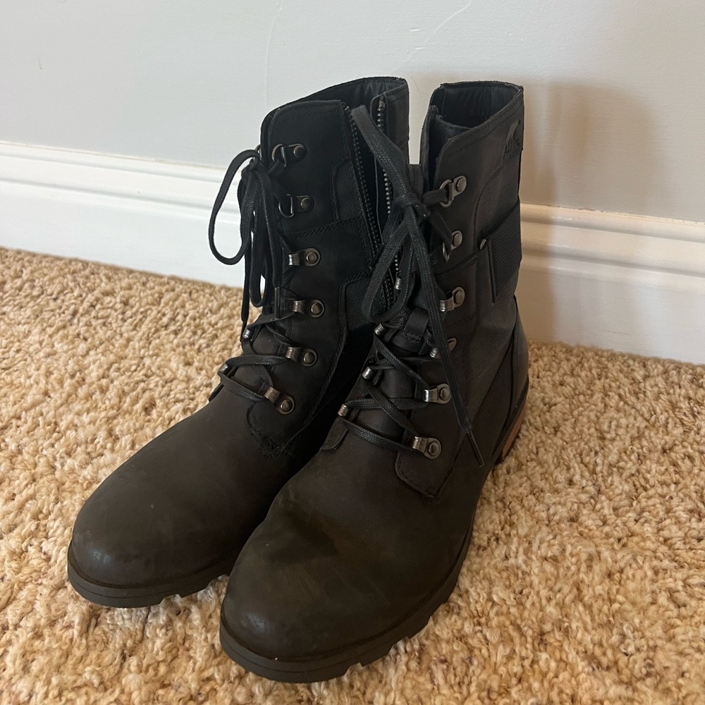 SOREL Emelie II Lace Black Leather Tall Ankle Boots